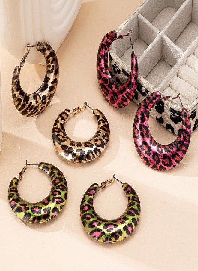 MarveBard Metal Geometric Leopard Print Earrings Exaggerated Round Hoop Earrings Red/Green/Gold Leopard Print Earrings Chunky Big Huggie Hoop Earrings Trendy Statement Earring Birthday Party Halloween Christmas Jewelry for Women (Gold) - Image 3